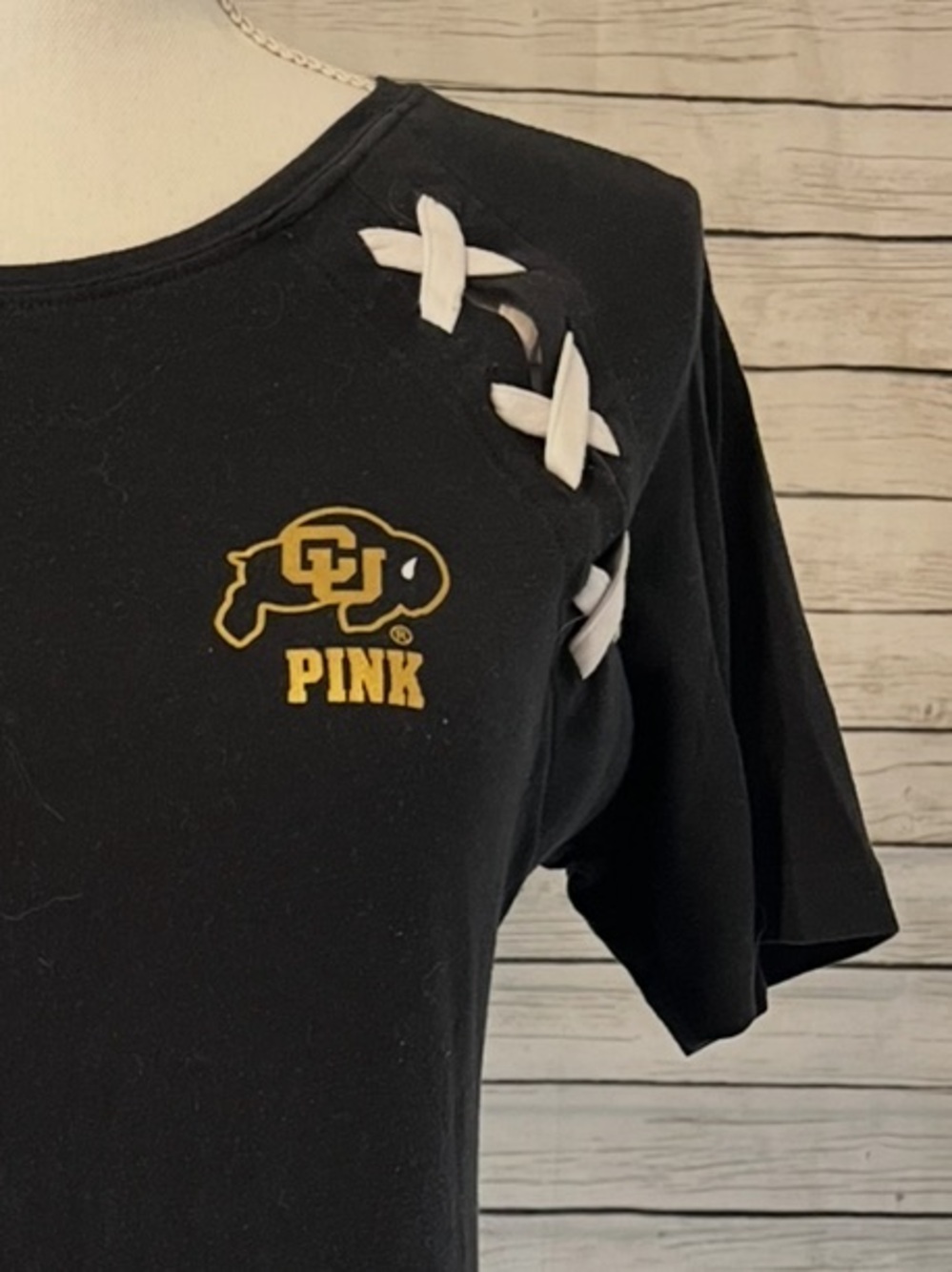 PINK Victoria's Secret Black CU Buffaloes Lace-Accent Tee Size XS - Picture 2 of 4